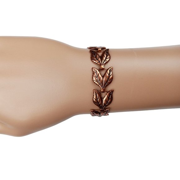 Vintage Bracelet Copper Double Leaf Link Leaves Botanical Fall Vine Sister Clasp - Picture 2 of 6